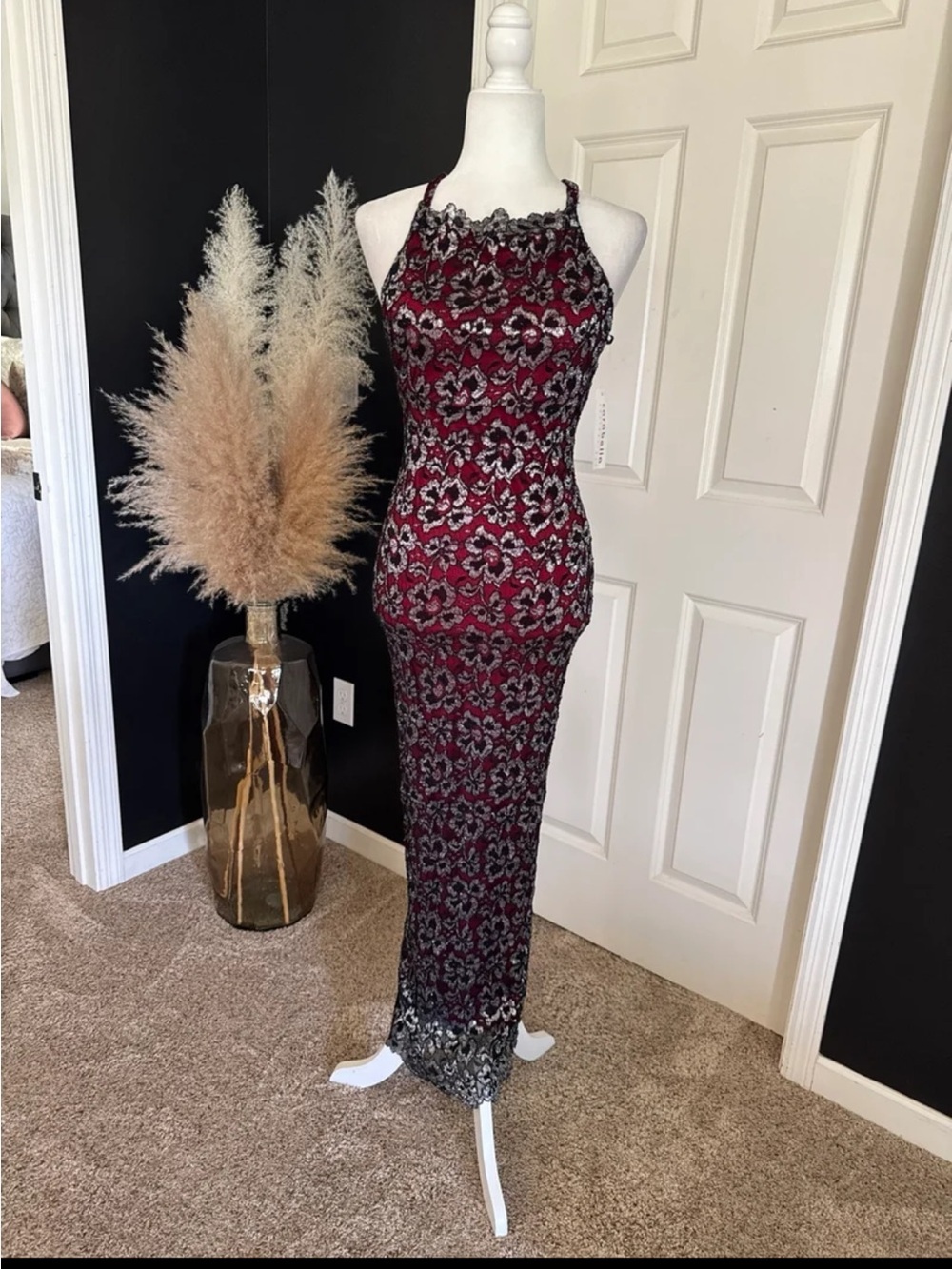 NWT Vintage Carabella RED/BLACK Silver Shimmer Floral Evening Gown size SMALL - Picture 2 of 12
